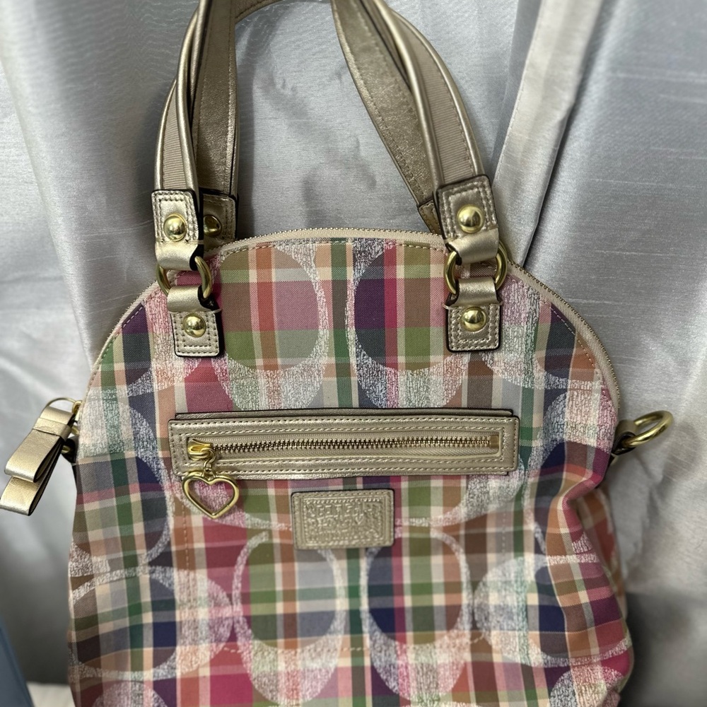 Coach Plaid Shoulder Bag with Gold Accents